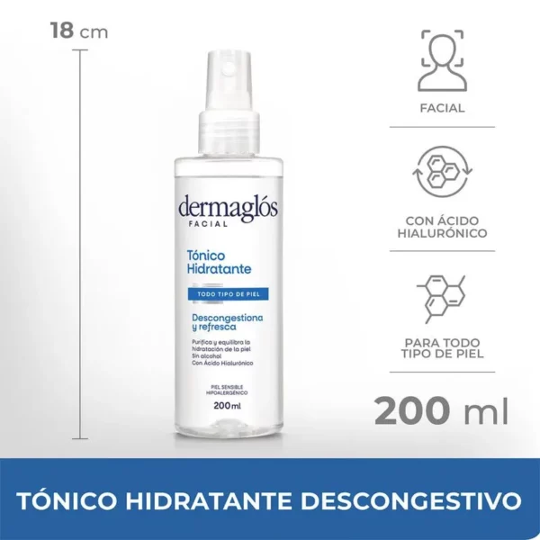 DERMAGLOS FACIAL TÓNICO HIDRATANTE DESCONGESTIVO SPRAY x200ML - Imagen 2