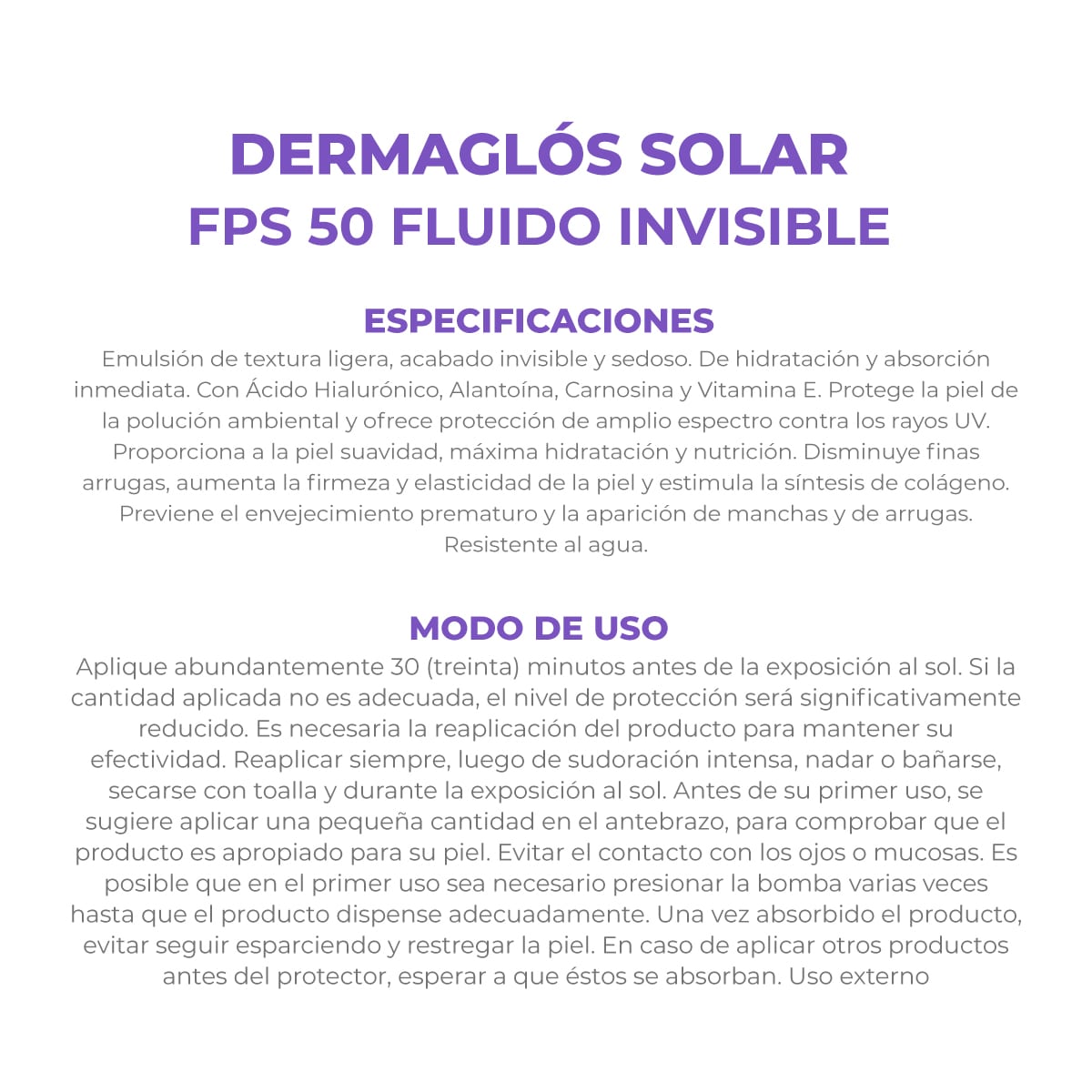 DERMAGLOS - FACIAL SOLAR FLUIDO S/COLOR FPS50 EMULS.X 50 G - Imagen 4