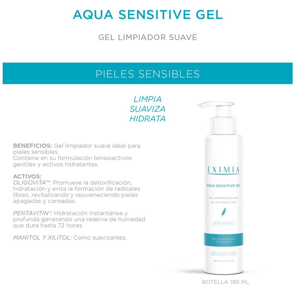 EXIMIA - AQUA SENSITIVE GEL LIMPIADOR SUAVE X 190 ML - Imagen 2